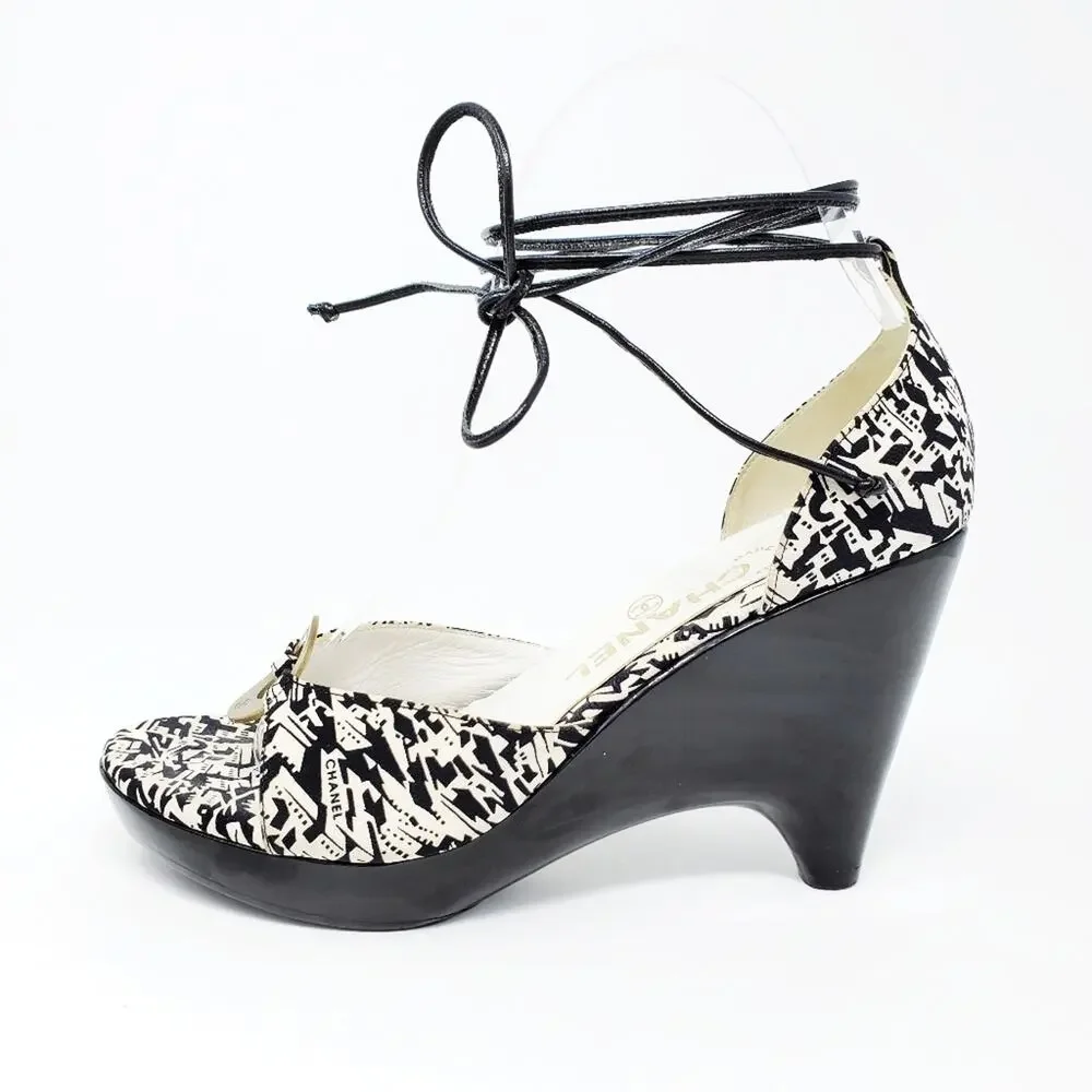 Chanel Canvas Platform Wedge Sandals Ankle Wrap-Around Straps Black White Y2K
